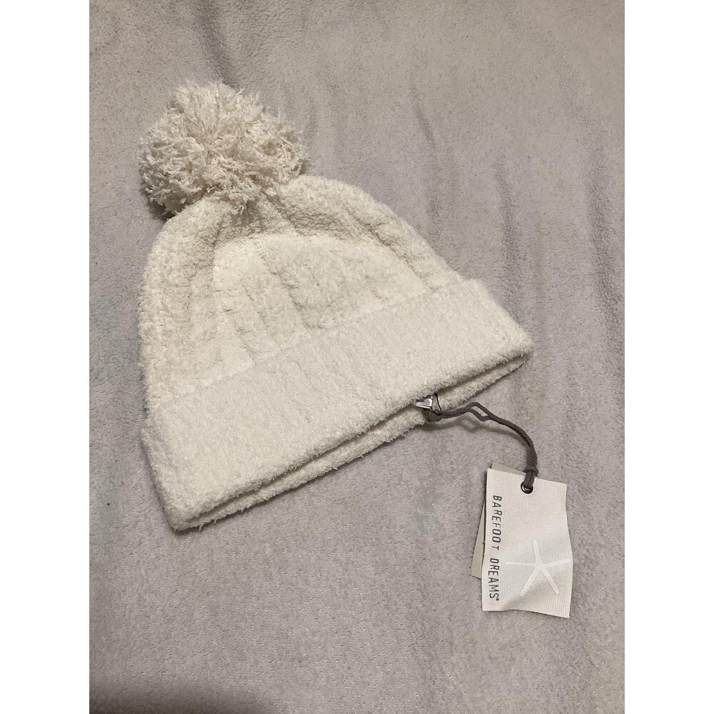 Barefoot Dreams Hat Beanie Womens One Size Cream CozyChic Cable Knit Pom New